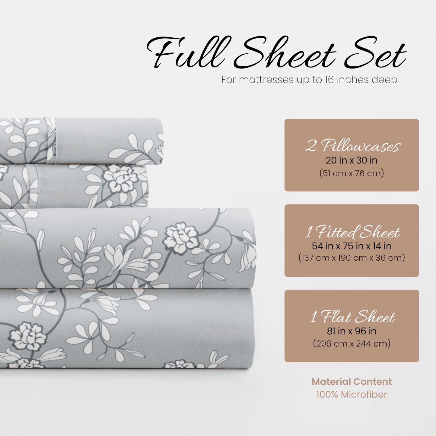 Linen Market Double-Brushed Patterned Microfiber Full Sheet Set 4 Piece – Oeko-TEX Certified Ultra Soft & Wrinkle-Free - 16" Deep Pocket Sheets - Easy Care Full Size - Trellis Vine Light Gray