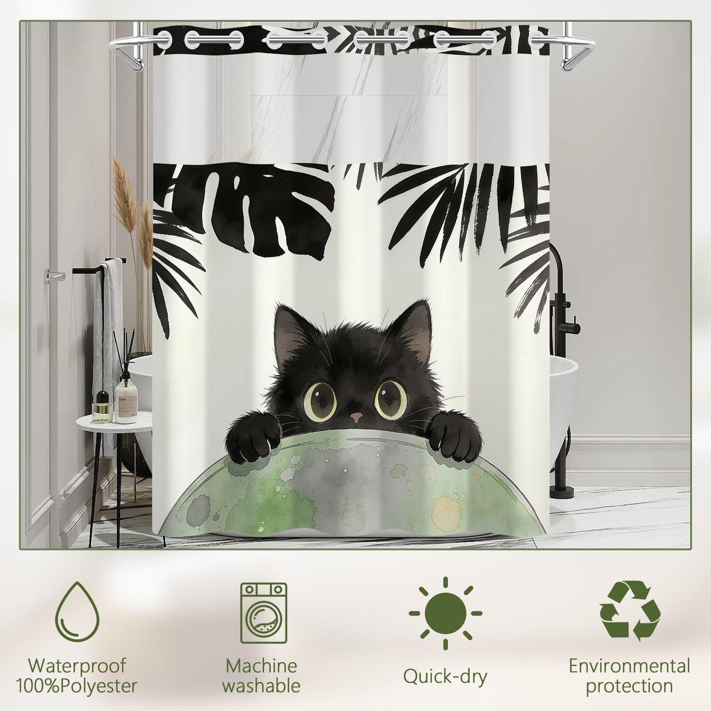Xiazhilaio No Hook Black Cat Shower Curtain with Snap-in Liner 71 x 74 Inch