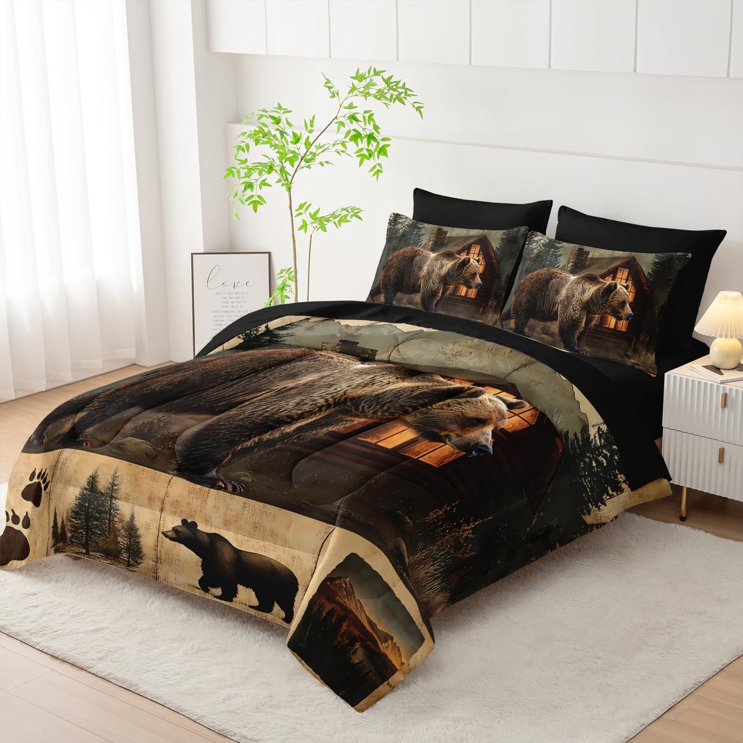 AILONEN Rustic Bear Comforter Set Queen Size - 7Pcs Bedding Soft Bed in a Bag - Hunting Comforter & Fitted Sheet & Flat Sheet & 2 Pillowcases & 2 Pillow Shams for Kids Boys Adults