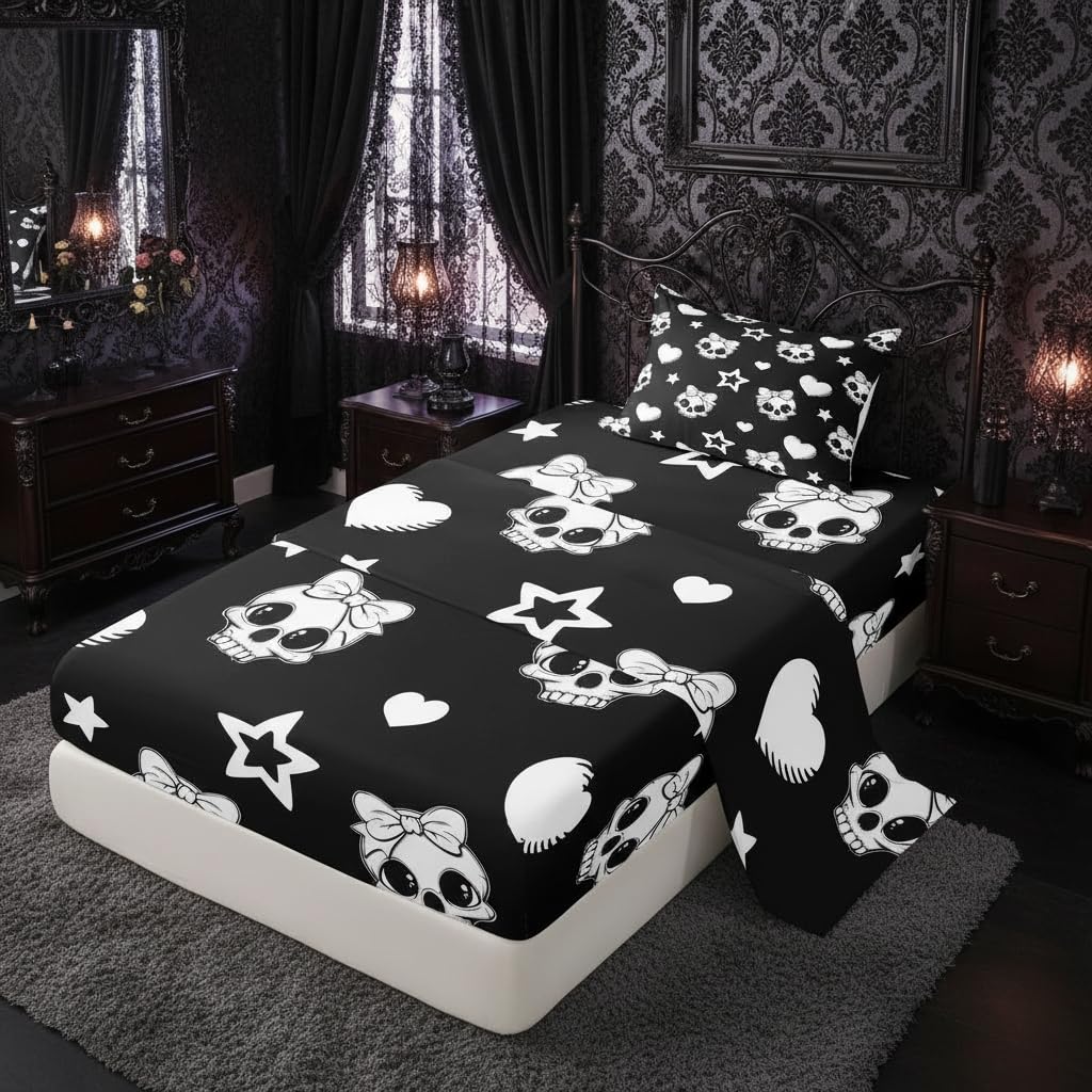 Castle Fairy Cute Skull Bed Sheets Twin Size,Star Love Bowknot Pattern Easy Wash Bedding Set,Cartoon Halloween Skeleton Kids Room Decor,Black and White Sheet(Fitted+Flat+1 Pillowcase)