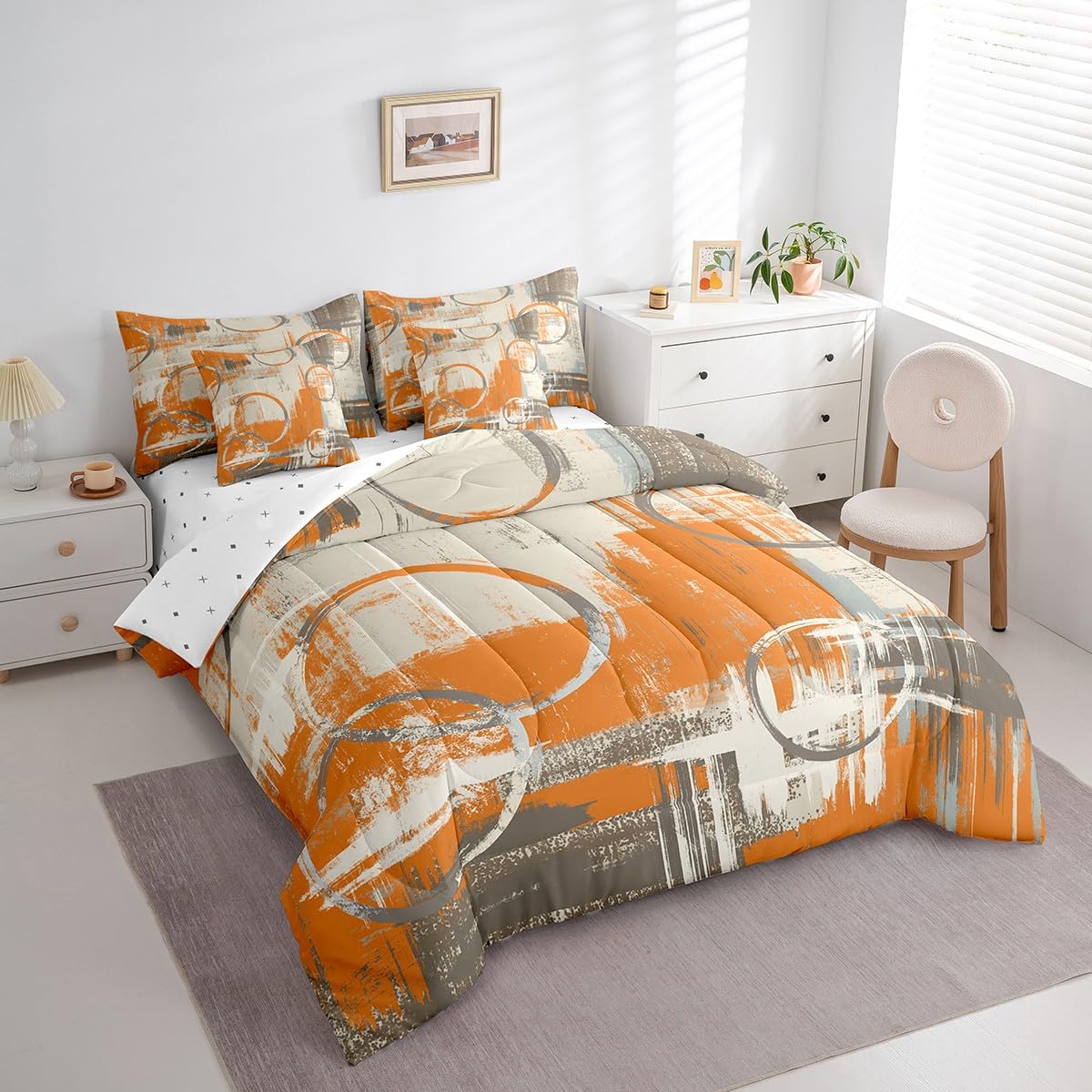Feelyou Geometric 7 Piece Bedding Set Full Size for Kids Boys Girls Teens Toddler Modern Abstract Art Comforter Set with Sheets Orange Bed in a Bag Tie Dye Bed Set