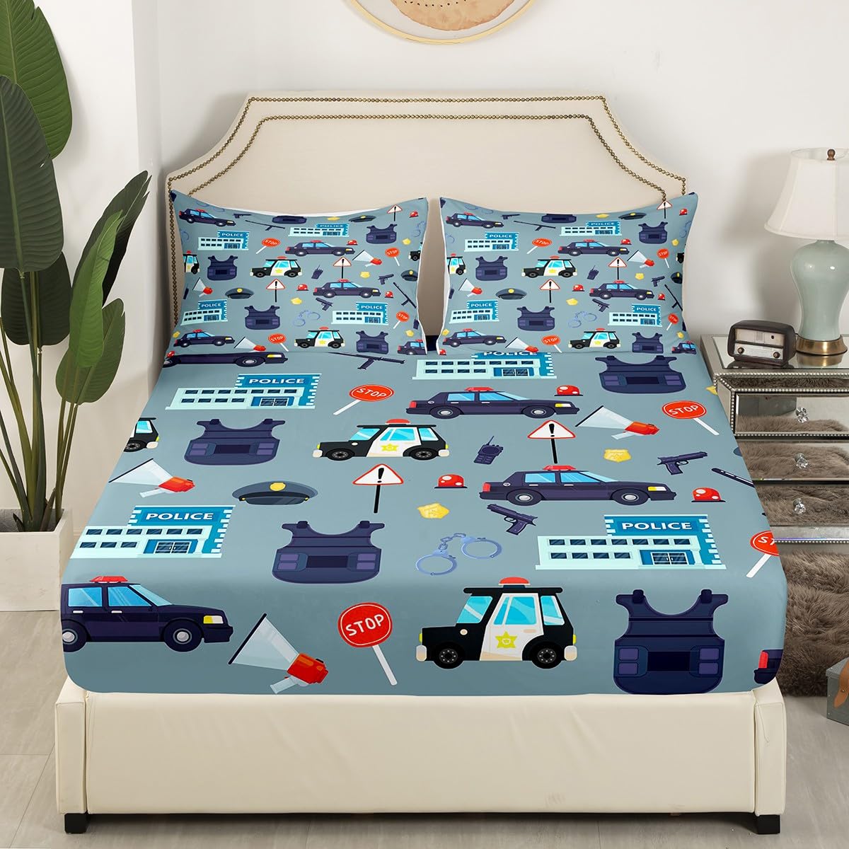 Manfei Cartoon Police Cars Kid Fitted Sheet Twin Size,American Police Office Policeman Bedding Set,Girls Boys Men Room Decor,Western Theme Bed Cover,Blue Fashion Bed Sheet,1 Pillowcase,No Top Sheet