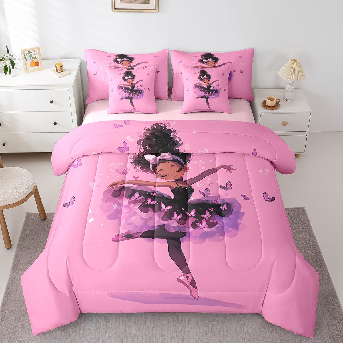jejeloiu Kids Black American Girls Comforter Set 7 Pieces Full Size Ballet Butterfly Bedding Set for Boys Girls Princess Bed Set Bed in a Bag with Comforter, Sheets, Pillowcases & Cushion Covers