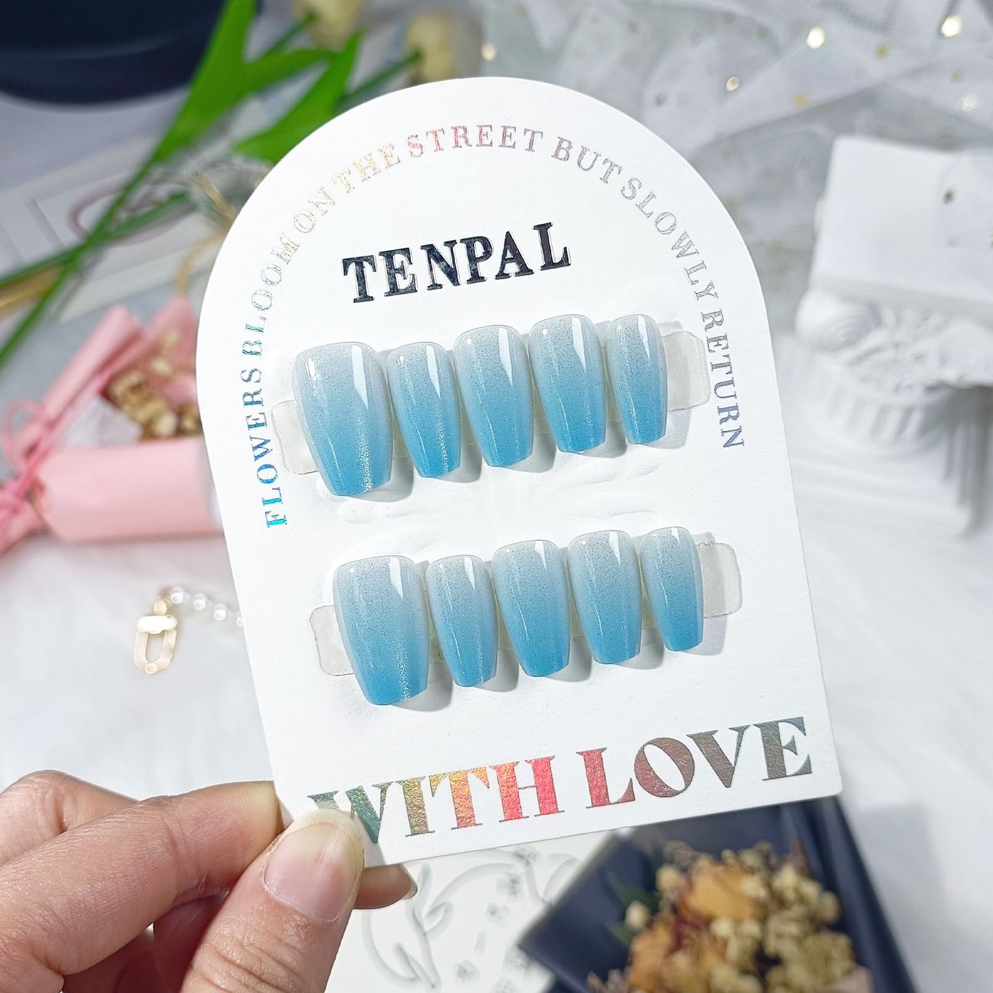 TENPAL 10Pcs Handmade Press On Nails Medium Coffin,Icy Blue Cat Eye Ombre Fake Nails w/Crystal Shimmer,Salon Quality Soft Gel Manicure Set w/Tools,Glossy Acrylic Nails for Daily Wear & Vacation(XS)