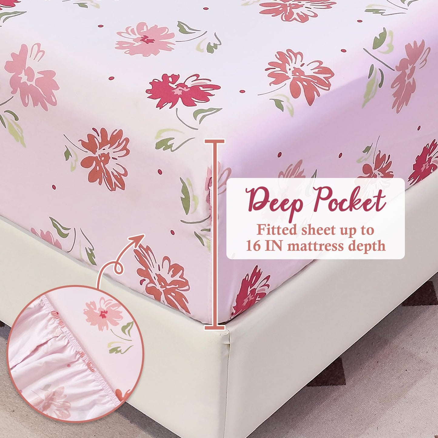 MICORAL Boho Floral Queen Sheet Set, 4-Piece Printed Botanical Bed Sheets, 16" Deep Pocket, Ultra Soft & Cooling Sheet, Oeko-TEX Certified, Pink Floral