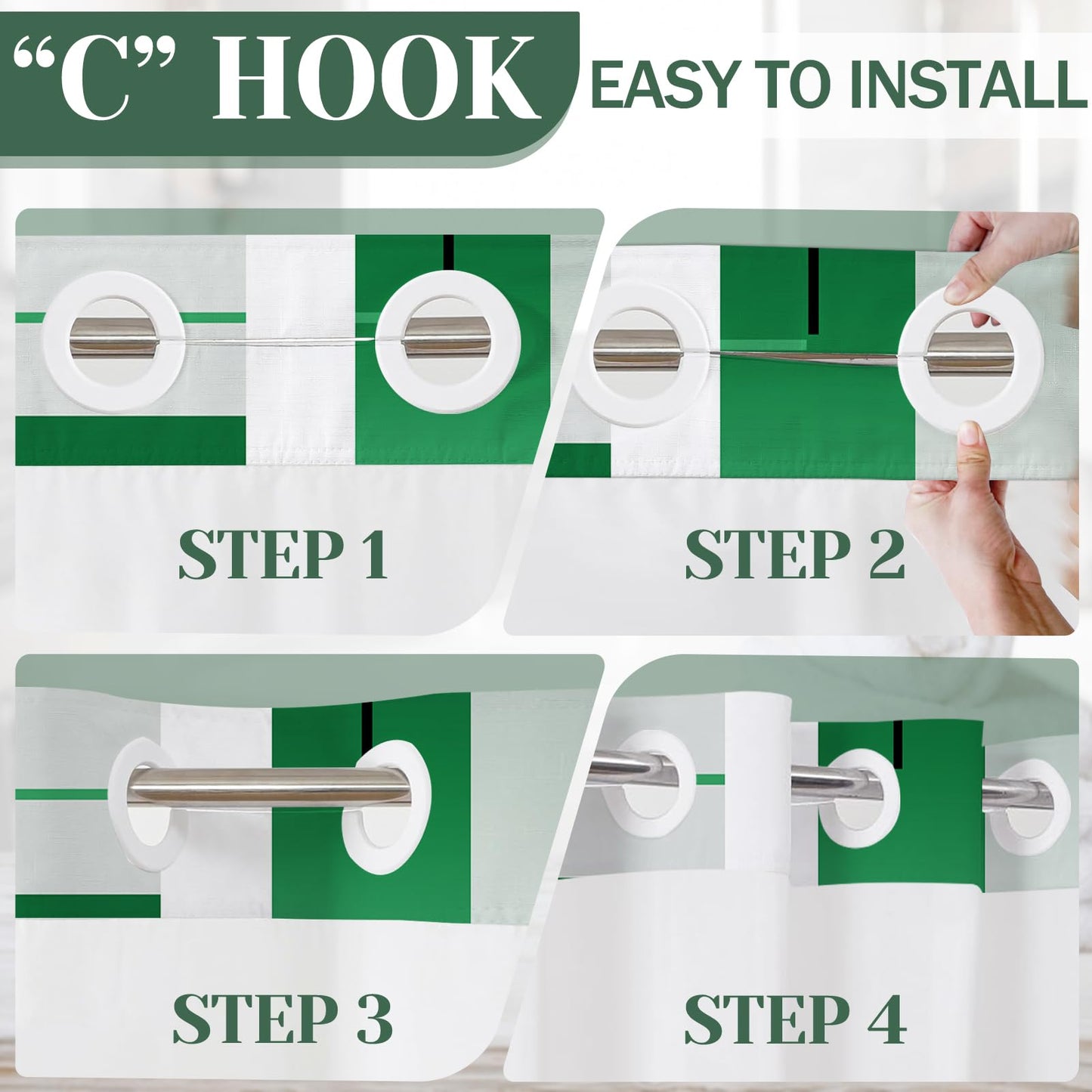 Green Hookless Shower Curtain Set with Snap in Liner, Green White Bathroom Decor, 71x74 Inches, Geometric Bathroom Curtain with Liner and See Through Top Window
