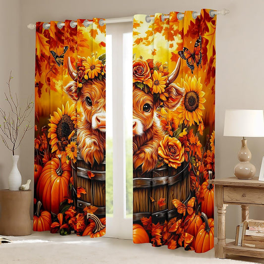 Feelyou Kids Cute Highland Cow Window Curtains for Bedroom Living Room,Sunflower Cartoon Animal Curtains,Pumpkin Highland Cow Window Drapes,Flower Floral Blackout Curtains, 42W X 84L,2 Panels
