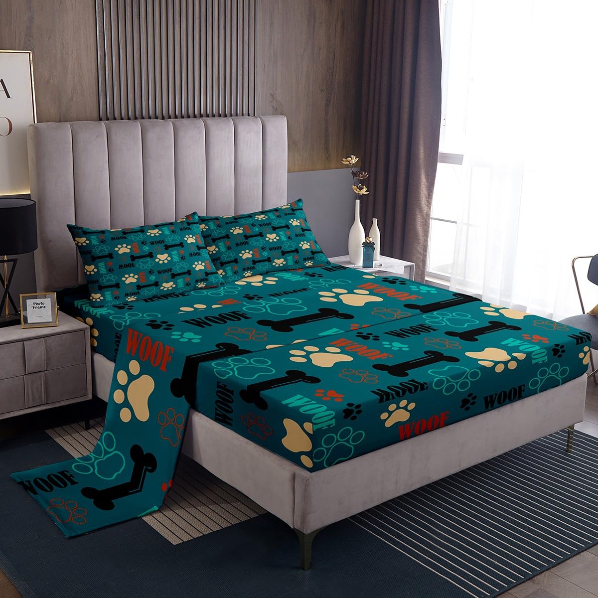 Cute Dog Paw Print Bed Sheet Set Twin Size,Puppy Dog Pets Lovers Style Fitted Sheet + 1 Flat + 1 Pillow Sham,Bone Cartoon Animal Green Bed Mattress Cover for Kids Boys Gift,Ultra Soft