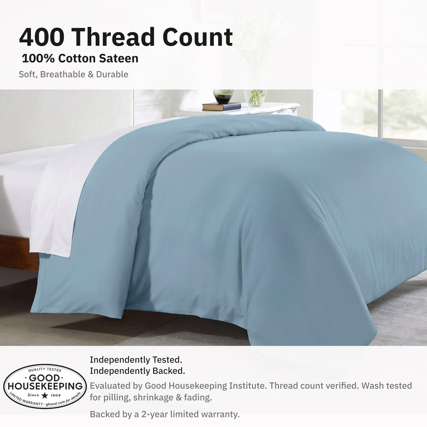 California Design Den Natural 100% Long Staple Cotton Duvet Cover Queen Size/Full Size Only Premium 400 Thread Count Duvet Cover Queen Size Cotton, Soft Weave, Button Closure Corner Ties - Sky Blue