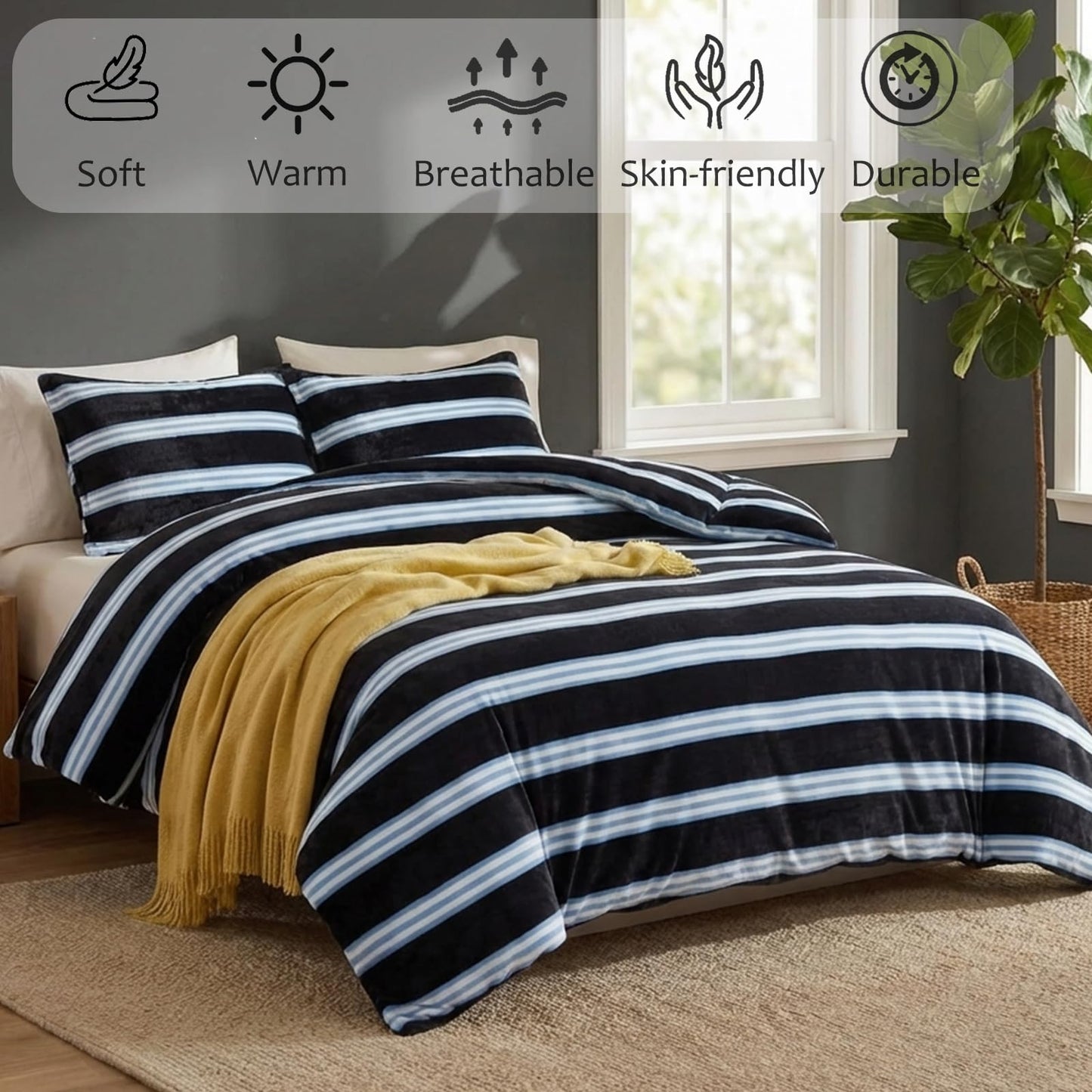 Bedbay Striped Comforter Set Fluffy Fleece King Comforter Set Soft Warm Flannel Velvet Comforter 3 Pcs Blue Black Striped Bedding Set Modern Stripes Pattern King Bed Set for All Seasons