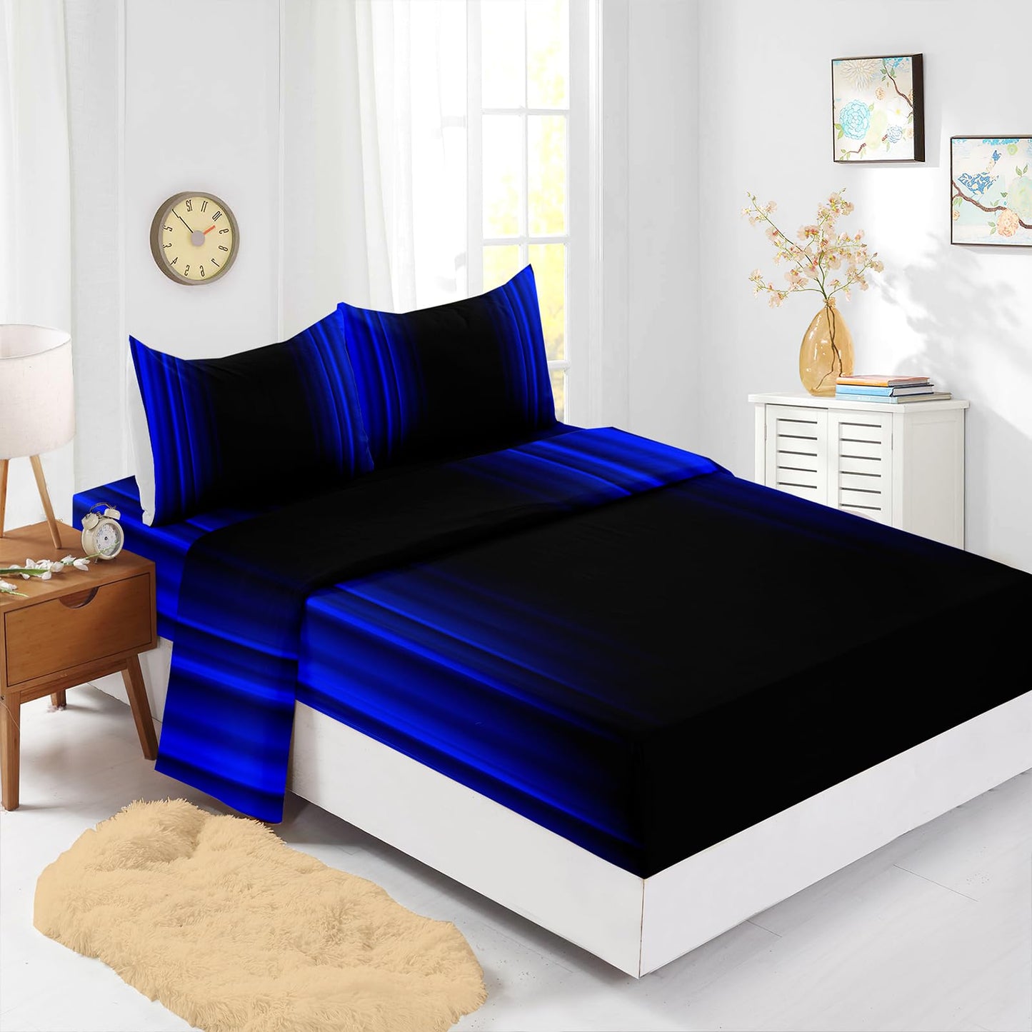 Nttopship Blue and Black 4 Pieces Bed Sheet SetsQUEEN Size Abstract Ombre Bedding Sets with 16" Deep Pockets Abstract Ombre Bedroom Decor,Bedding Set 4 PCS(1 Fitted+1 Flat+2 Pillowcases)