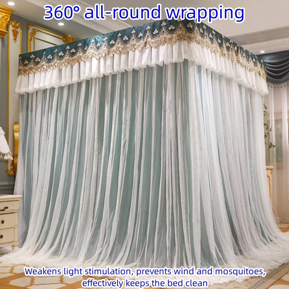 Koenqxoa Encrypted Gauze Curtain Bed Curtain, Double Crossbar Supported Floor-Standing Canopy Bed Curtain, Large-Size Suitable For Bedroom, Green, 70.8" W X 78.7" L