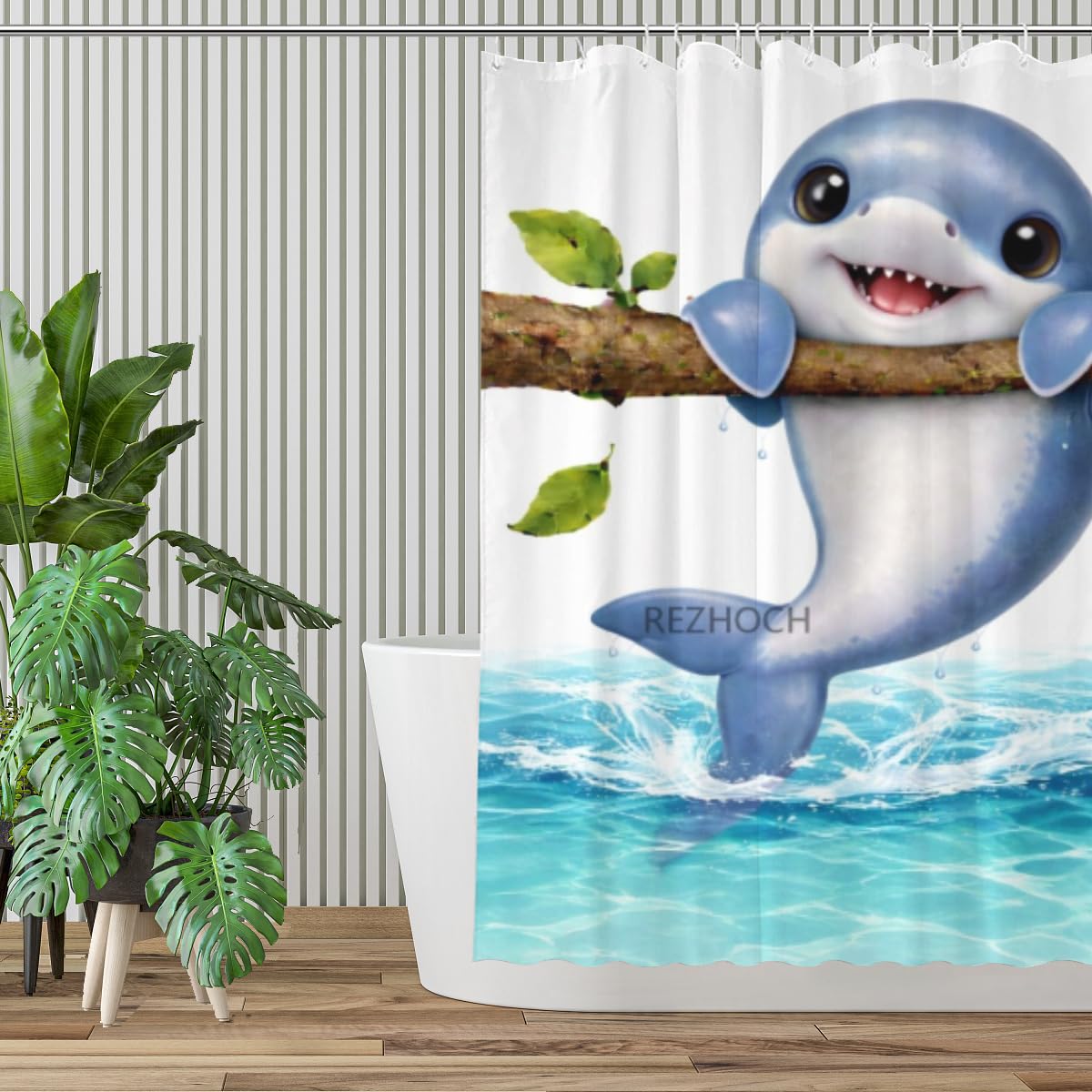 REZHOCH Cute Dolphin Shower Curtain Adorable Animal Hanging on Tree Branch Funny Cartoon Butterfly Bath Curtain Waterproof Fabric Home Bathroom Decor 72x72Inch with 12 Hooks