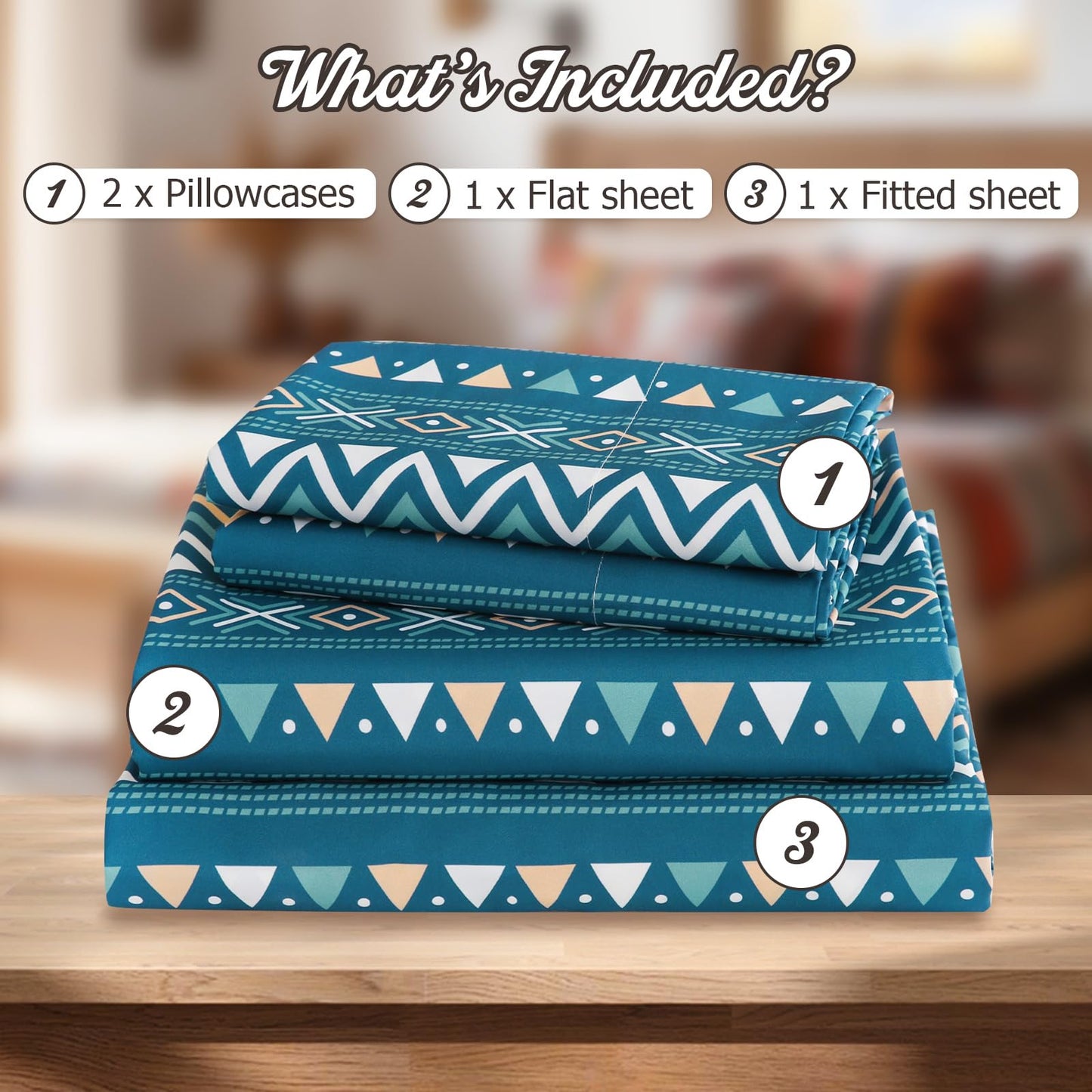 CozySmile Boho Sheet 4 Pieces King Sheet Set Bohemian,King Size Breathable Soft Microfiber Deep Pocket Bedding, Western Sheets Geometric(King, Teal Geometric)
