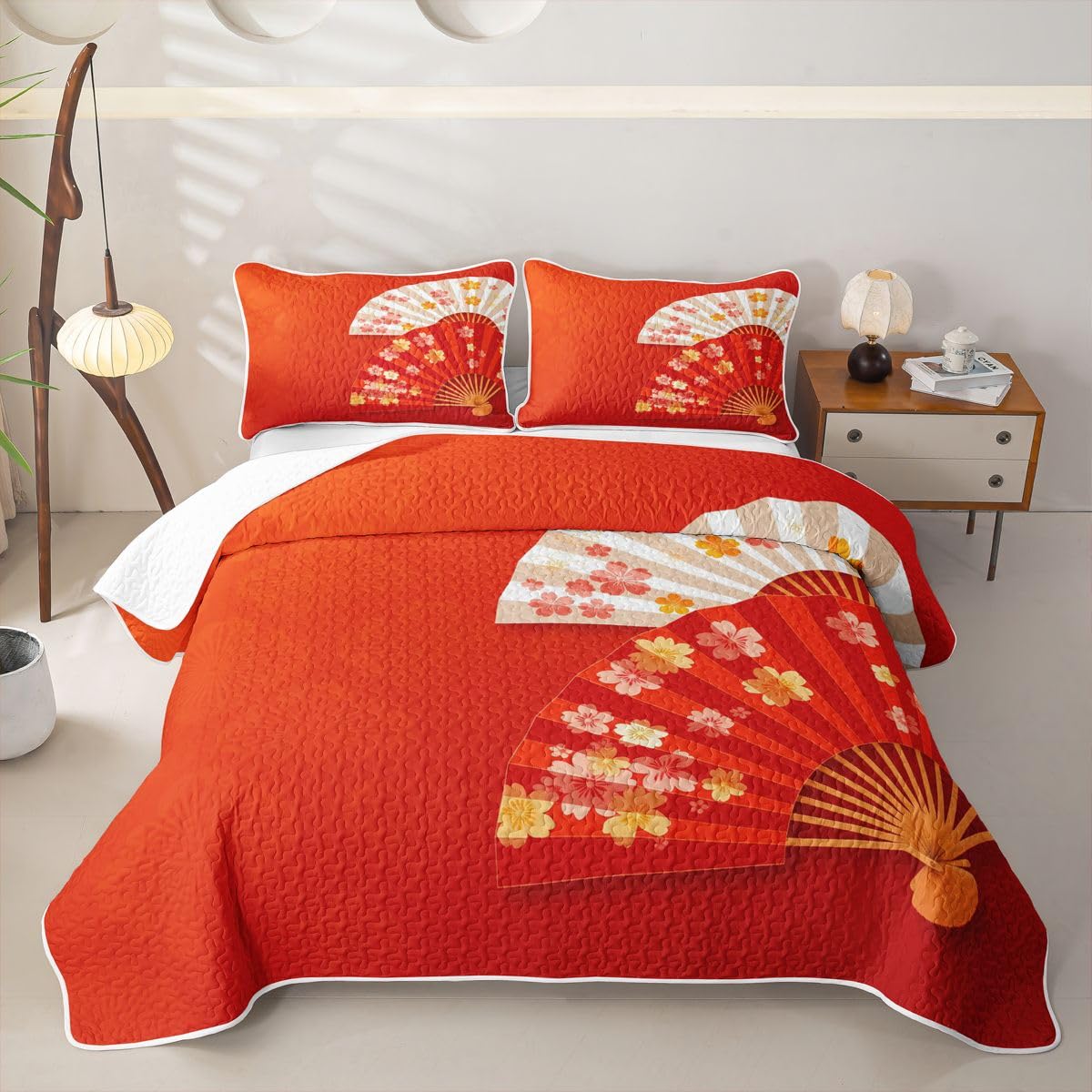Erosebridal Japanese Red Quilts Twin Size - Folding Fans Bedspread Coverlet Set, Sakura Cherry Blossom Gift Quilt Coverlets 2Pcs (Only 1 Pillowcase)