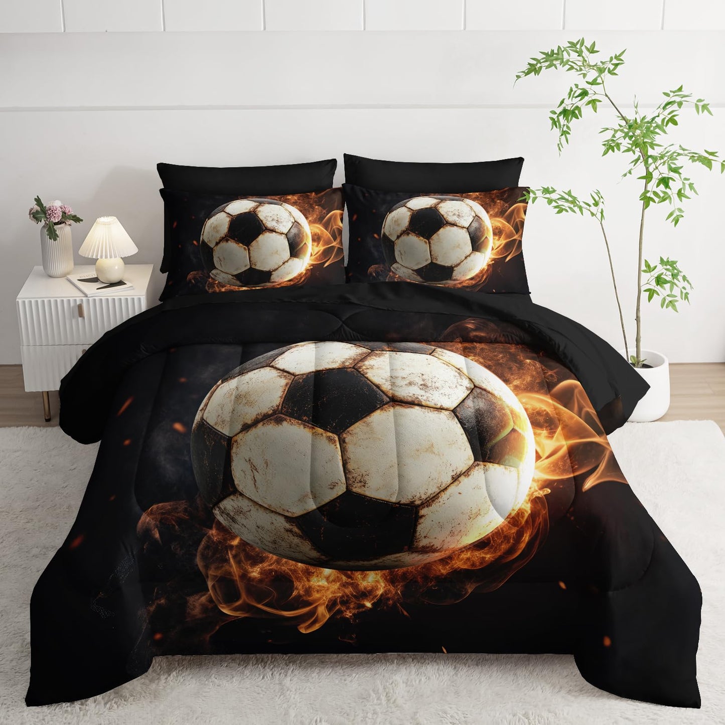 XYNHML Soccer Print Comforter 7Pcs Gaming Sport Flame Soccer Bedding Set for Kid Teen Girl Boy Adult Sports White Black Football Quilt Bed Set Twin with 2 Sheets,2 Pillowcases,2 Throw Pillow Covers