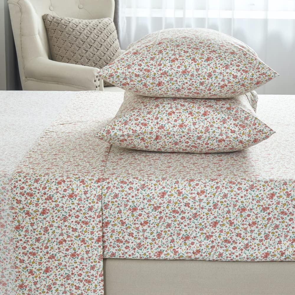 DAUAOTO 100% Cotton Bedding Printed Sheets Set for King Size Bed Up to 14" Deep Mattress, Ditsy Floral Pattern Bedlinen Sets, Pink
