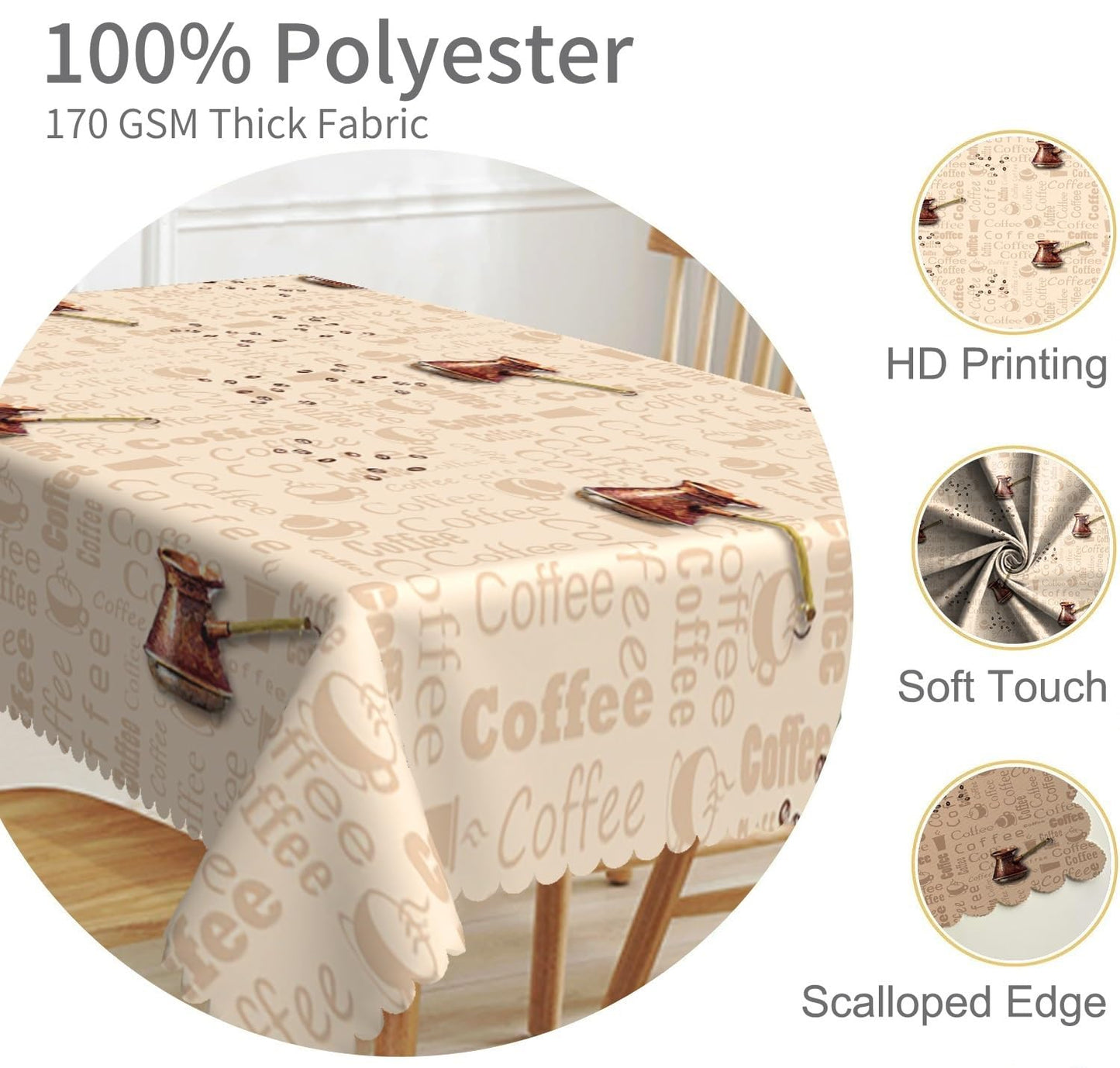 TTQYFNM 48x48inches Coffee Themed Square Tablecloth Brown Coffee Pot Beans Print Decorative Table Cover Wipeable and Spillproof Fabric Table Cloth for Cafe Kitchen Dining Room Picnic Home Decor