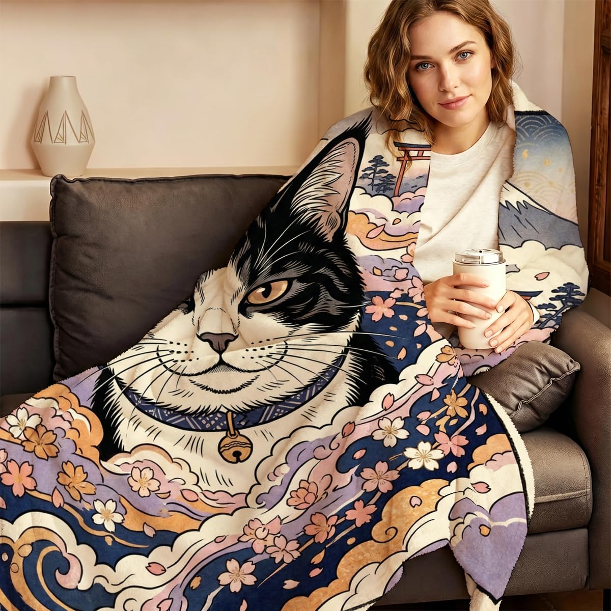 Yujiiso Japanese Ukiyo-E Tuxedo Cat Blanket Soft Throw Blanket 50" x 60"