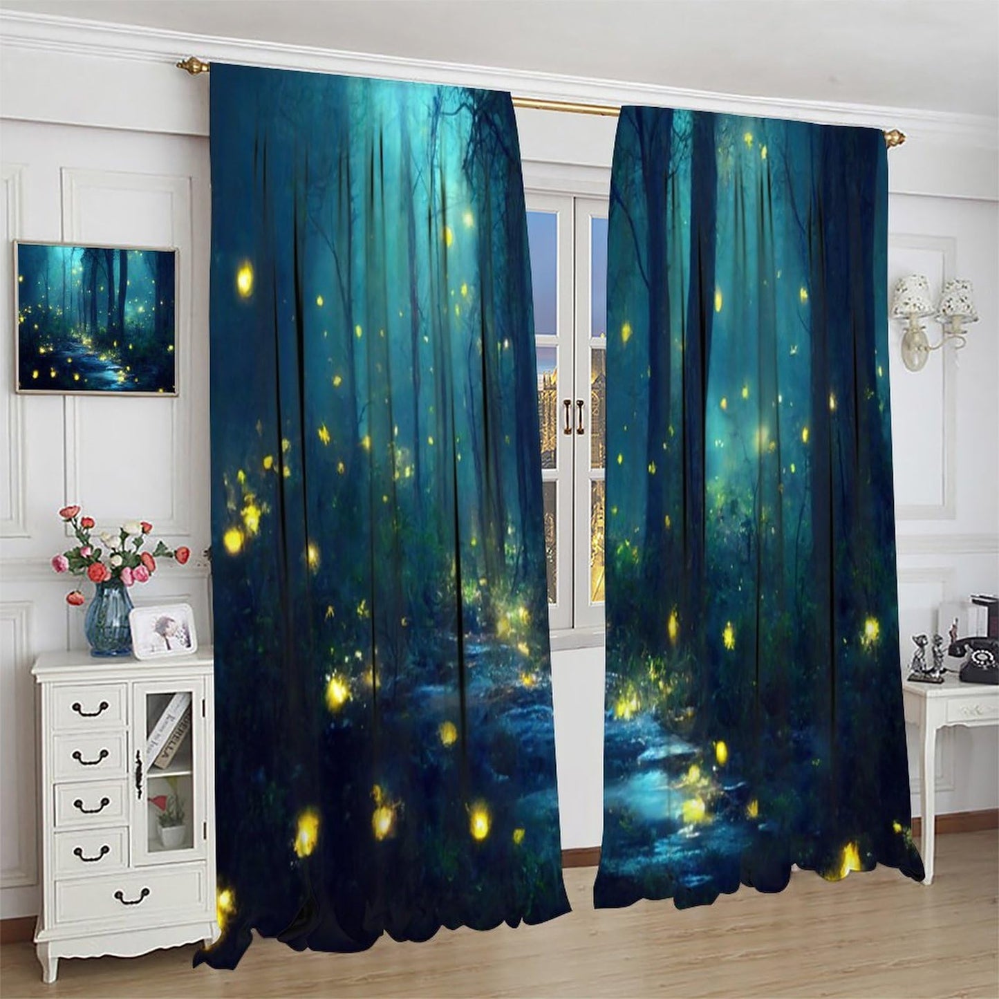 SHElifestyle Fantasy Forest Curtains, Enchanted Trees Dreamy Mist Forest Glowing Lights Landscape Window Treatments Drapes for Bedroom Living Room W42 X L45