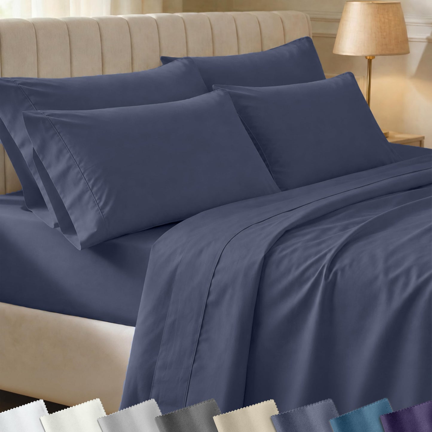 California Design Den 6-Pc Queen Size Sheet Set with 4 Pillowcases - 400 Thread Count 100% Cotton Sheets, Sateen Weave, Deep Pocket Bedsheets Set - Indigo Dusty Blue