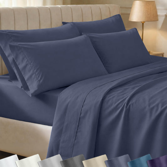 California Design Den 6-Pc Queen Size Sheet Set with 4 Pillowcases - 400 Thread Count 100% Cotton Sheets, Sateen Weave, Deep Pocket Bedsheets Set - Indigo Dusty Blue