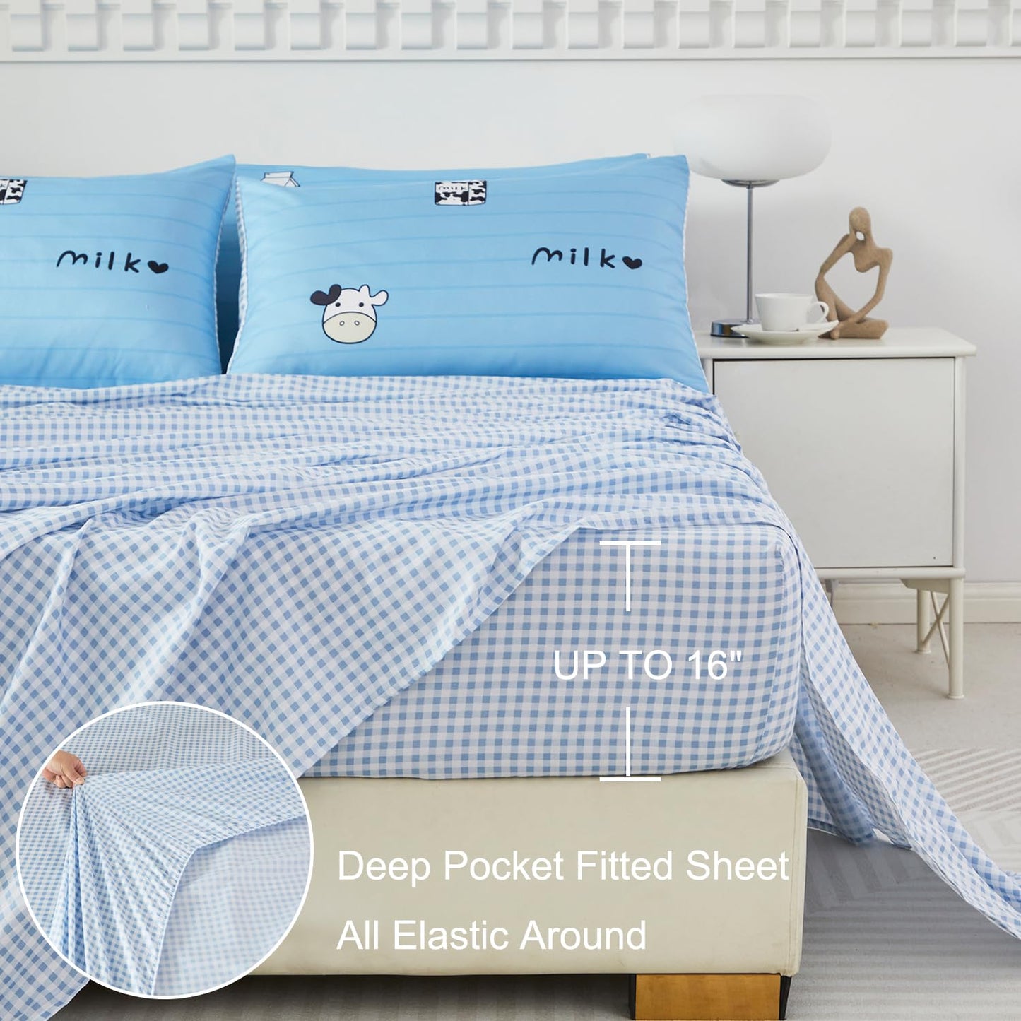 SUCSES 8 Pieces Blue Full Size Comforter Set Striped Western Kids Bedding Sets for Boys Girls Milk Cow Print Bed in A Bag with Comforter and Sheets (Blue, Full)