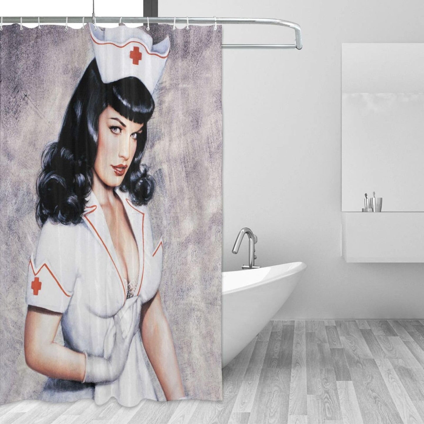 FUNNY KIDS' HOME Retro Pin up Girl Shower Curtains for Bathroom Oil Painting Art Canvas Style Bathroom Decor Sexy Nurse Waterproof Polyester 72(w) x72(h)