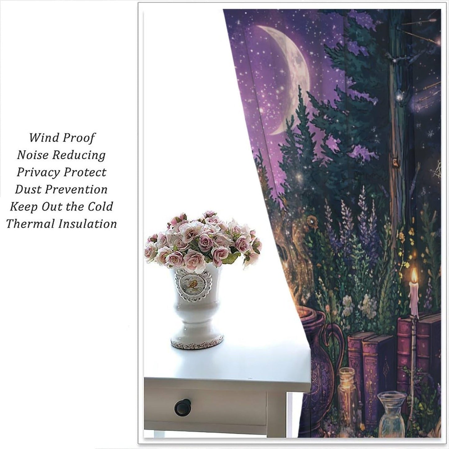 DIPQIMI Fantasy Flower Forest Blackout Curtains for Bedroom/Living Room, Magic Potion Moon Curtains Rod Pocket Thermal Insulated Window Drapes, 42W x 84L, 2 Panels