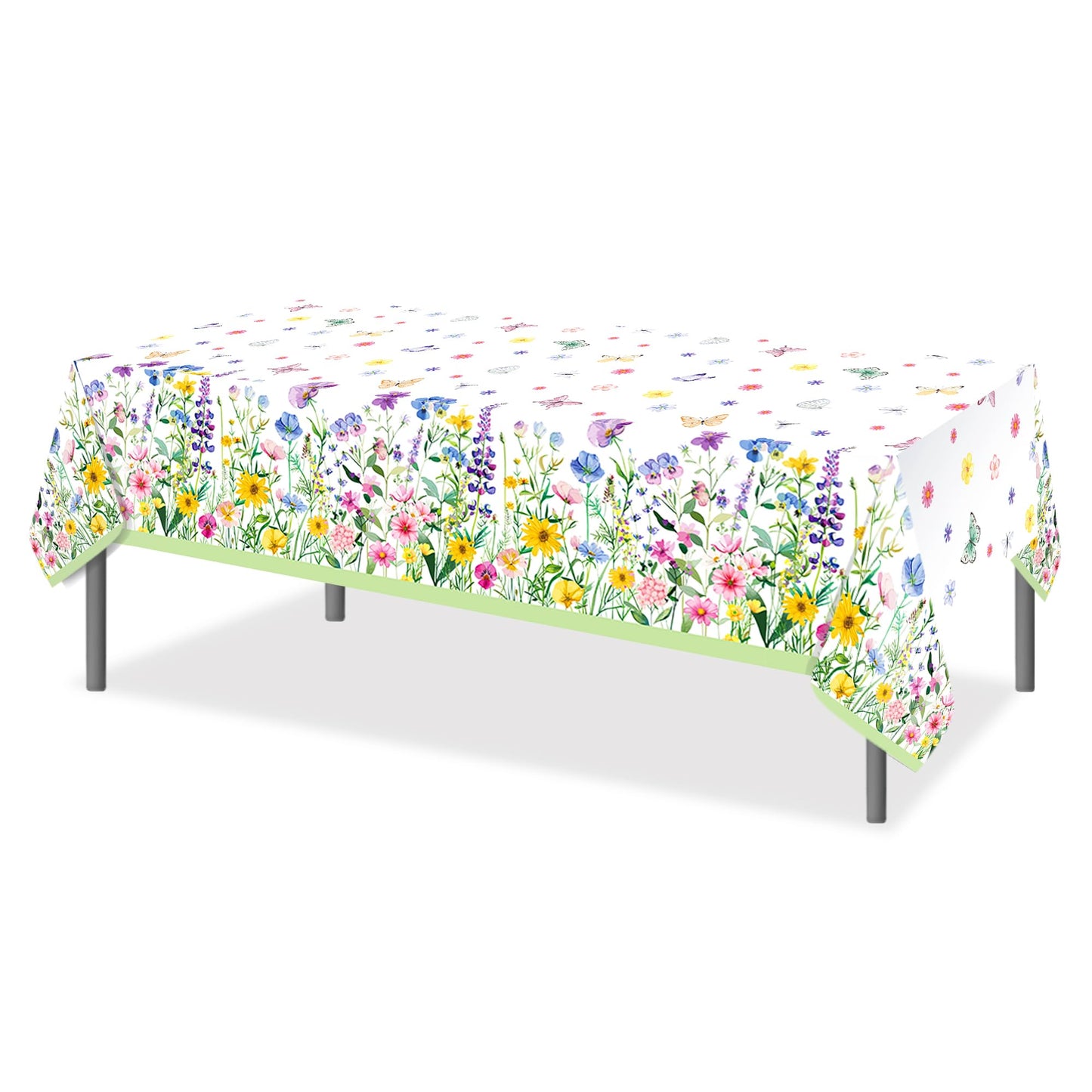 CC HOME 1Pc Blooming Wildflower Party Plastic Tablecloth 54 x 87 Inch Long Table Cover, Spring Butterfly Party Tablecover for Floral Theme Kids Baby Shower Birthday Dinner Picnic Kitchen Event