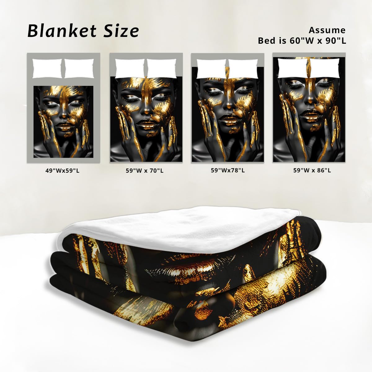 HUNXIAOJ African American Woman Blanket Throw Black Gold Print Flannel Blanket Gifts for Girls Female Women African American Couch Bed Living Room Home Decor 49"x59"