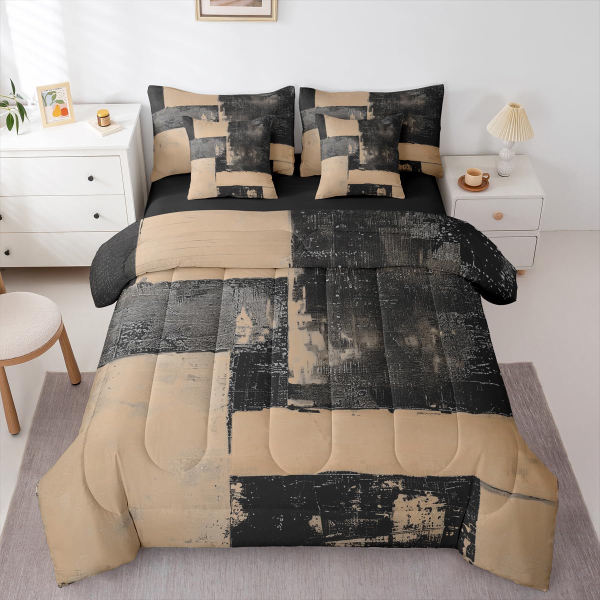Feelyou Abstract Comforter Set with Sheets 7 Piece King Size Modern Abstract Art Bed in a Bag Kids Boys Girls Luxury Bedding Set Geometric Bedroom Decor Black Brown Soft Lightweight Microfiber