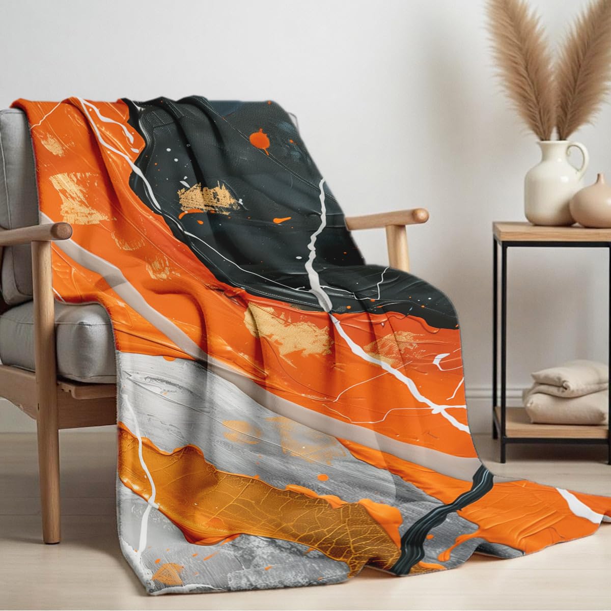 HUNXIAOJ Orange Blanket Throw for Couch Bed Abstract Print Blanket Soft Flannel Bedding Modern Bedroom Home Decor (49"x59")