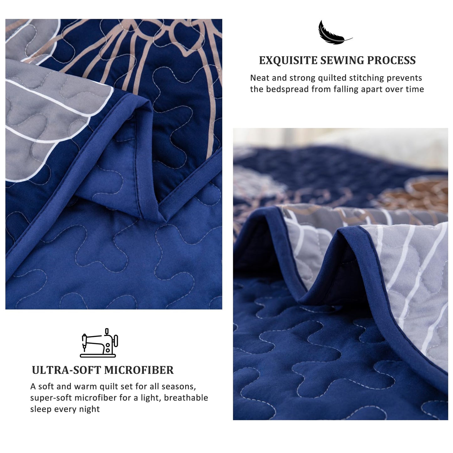 Anibedding Floral Bedspread Quilt Set Queen 3 Pieces-Navy Blue Bohemian Floral Quilt Coverlet Set Soft Microfiber Lightweight Quilted Bedspread with Pillow Shams for All Season 96"x90"
