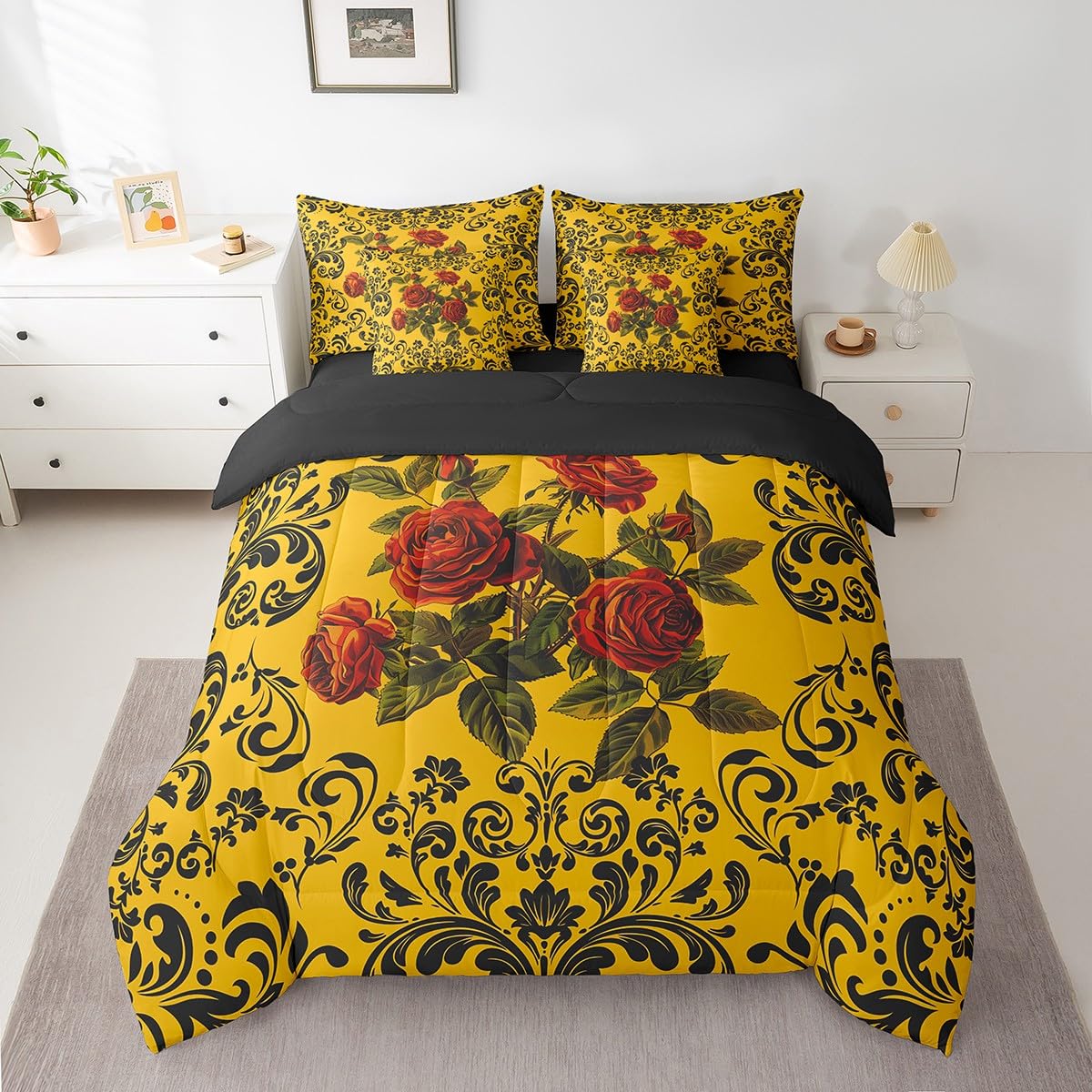 Erosebridal Gothic Roses Bed in A Bag 7 Piece Queen Rose Floral Boho Comforter Set with Sheets Retro Black Damask Rose Flower Bedding Set for Kids Adults Romantic Aesthetics Bed Set Yellow Black