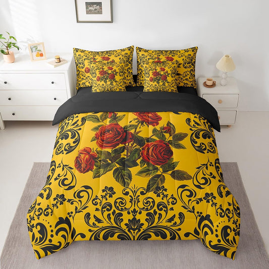Erosebridal Gothic Roses Bed in A Bag 7 Piece Queen Rose Floral Boho Comforter Set with Sheets Retro Black Damask Rose Flower Bedding Set for Kids Adults Romantic Aesthetics Bed Set Yellow Black