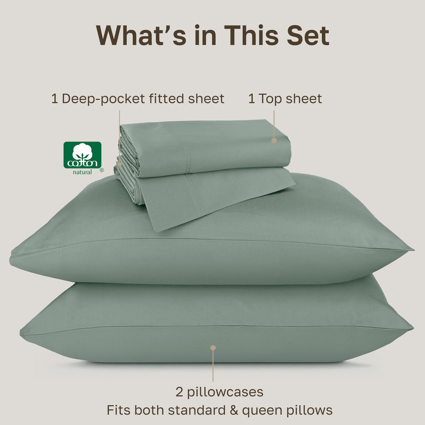 California Design Den Queen Bed Sheets Set - Luxury Hotel 800 Thread Count Sateen, Natural 100% Cotton Queen Size Sheets, Deep Pockets Durable Bedding Set - Sage Green