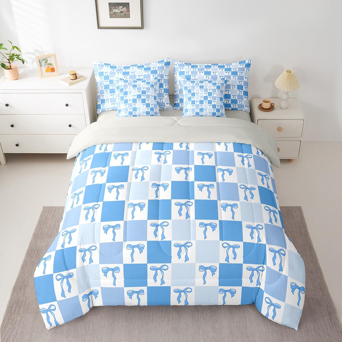 Erosebridal Ribbon Bow 7 Piece Bedding Set Twin Comforter Set with Sheets Princess Preppy Bowknot Kawaii Bed in a Bag Dreamy Grid Check Blue for Kids Girls Women