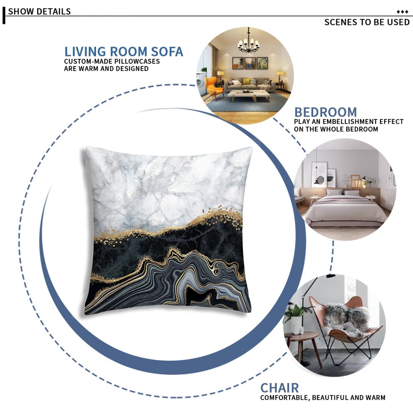 Black Gold Marble Texture Decorative Pillow Covers 18x18 Set of 4, Gold and Black Grey Throw Pillow Cases for Couch Sofa Bedroom Living Room Decor Home Cushion Cover,Black Gold Living Room Decoration