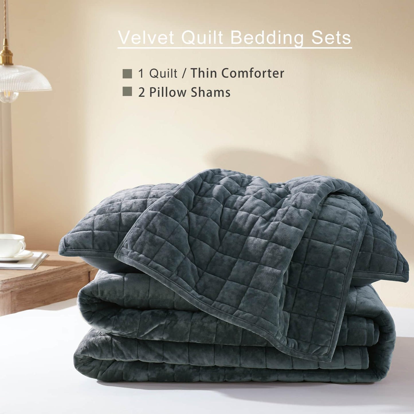 LEAONME Velvet Quilt California King-118''x106'', Lightweight Navy Blue Velvet Comforter Set with 2 Pillow Shams, Soft Oversized Bedspread Coverlet Quilted Bedding Set for All Season