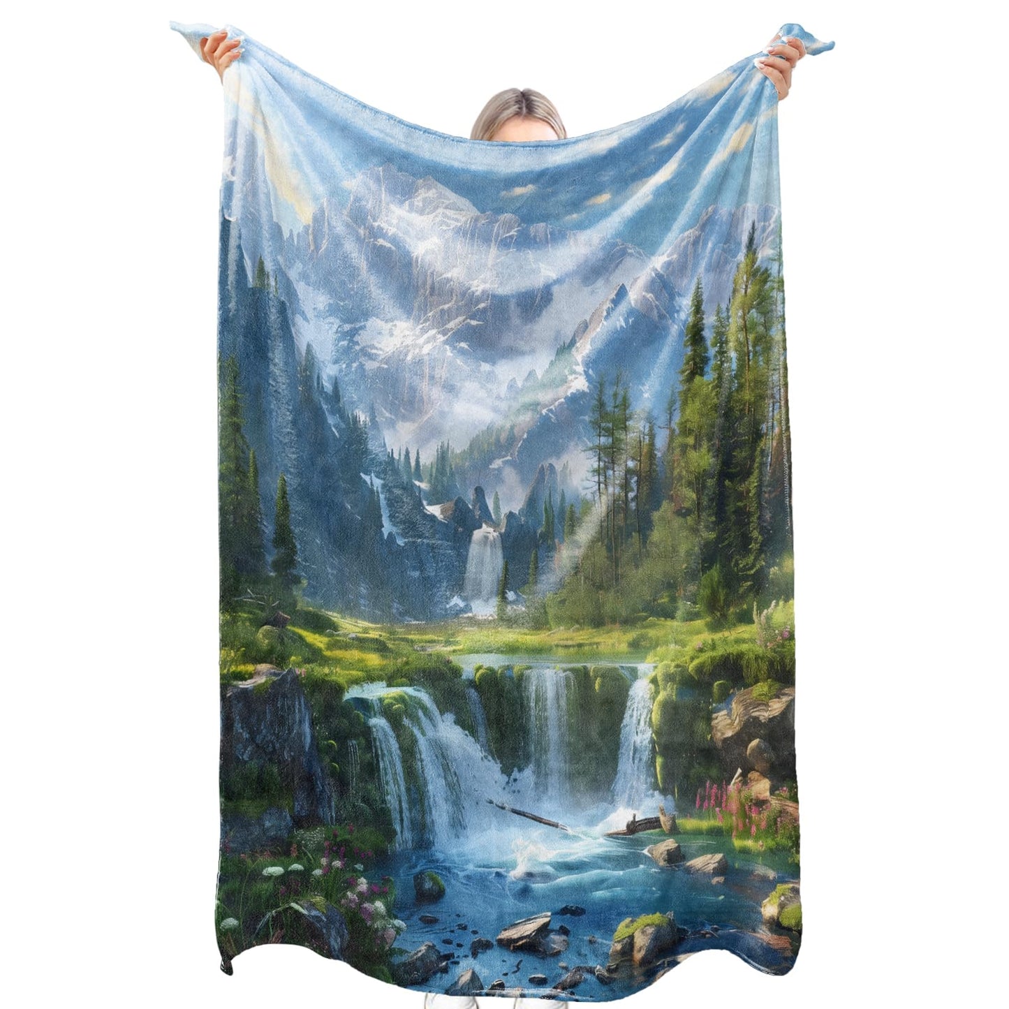 zbezbe Majestic Mountain Waterfall Forest Flannel Blanket Peaceful Alpine Nature River Snow Peak Throw Blankets Lightweight Soft for Party Chair Bed Sofa Camping Travel,Home Decor,Gifts 50x60in