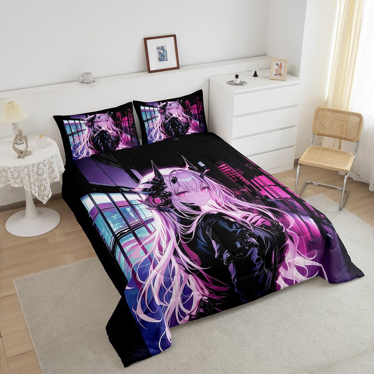 Erosebridal Japanese Anime Bedding Set Full Size, Anime Girl Comforter Set Kawaii Japanese Style Duvet Insert Cartoon Japan Animation Quilt for Boys Teens Adult Women Bedroom Decor
