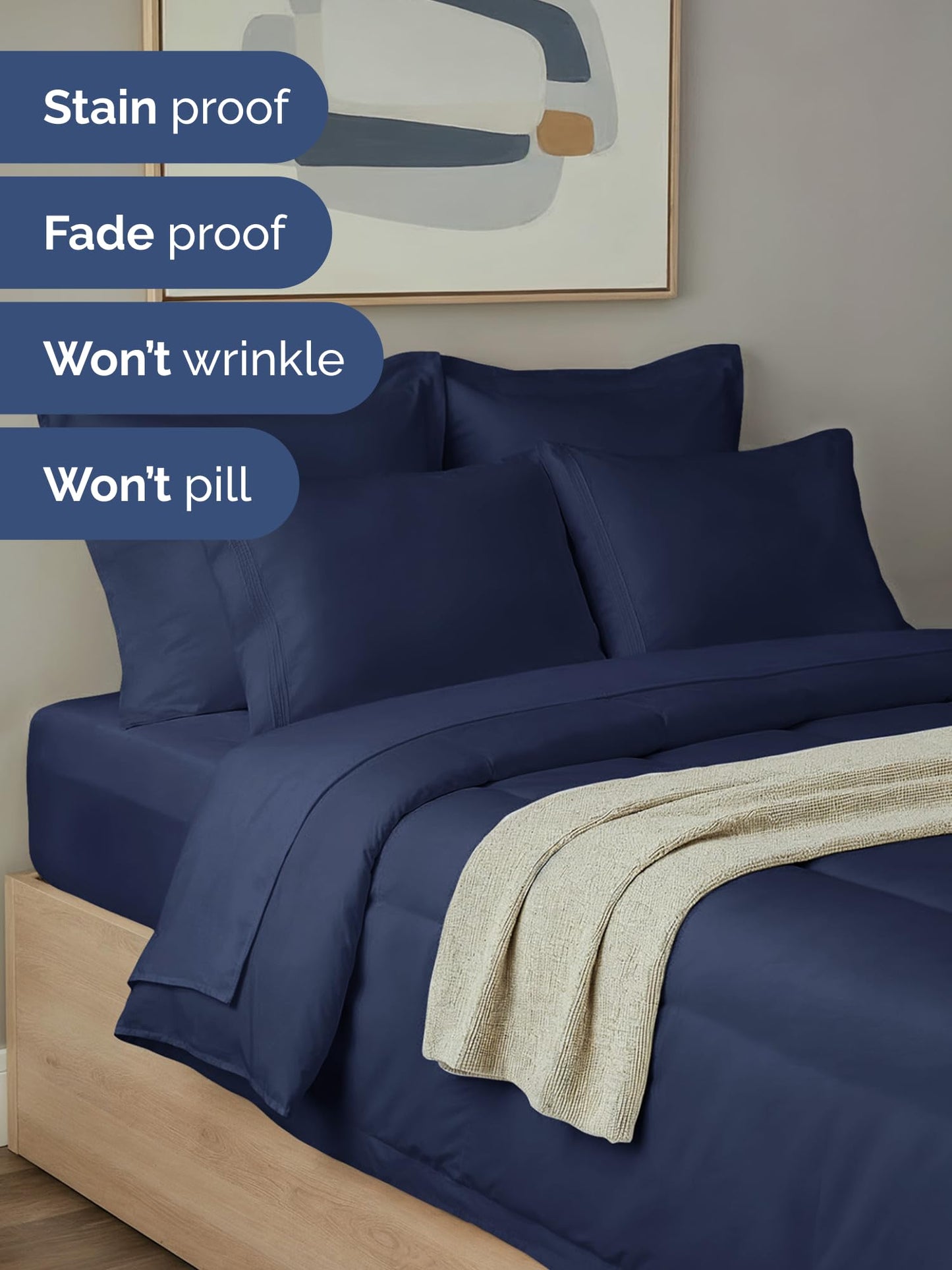 Queen Comforter Set Navy Blue - Bed in a Bag Queen Size 7 Pieces - Down Alternative Duvet Insert - Lightweight Comforter Bedding Set with Flat Sheet, Fitted Sheet, Pillowcases & Shams for All Seasons