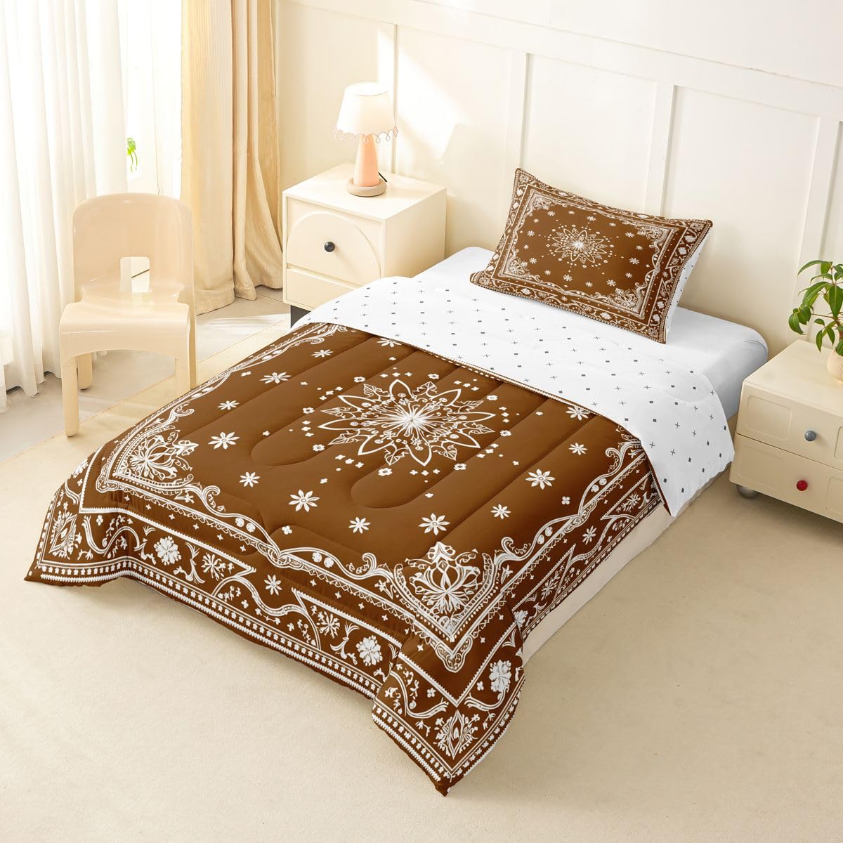 Feelyou Flower Kids Comforter Set Toddler Size Paisley Bedding Set Boho Paisley Brown Print Duvet Quilt for Kids Boys Girls Bedroom Bohemian Exotic Style Decor Microfiber Ultra Soft Breathable