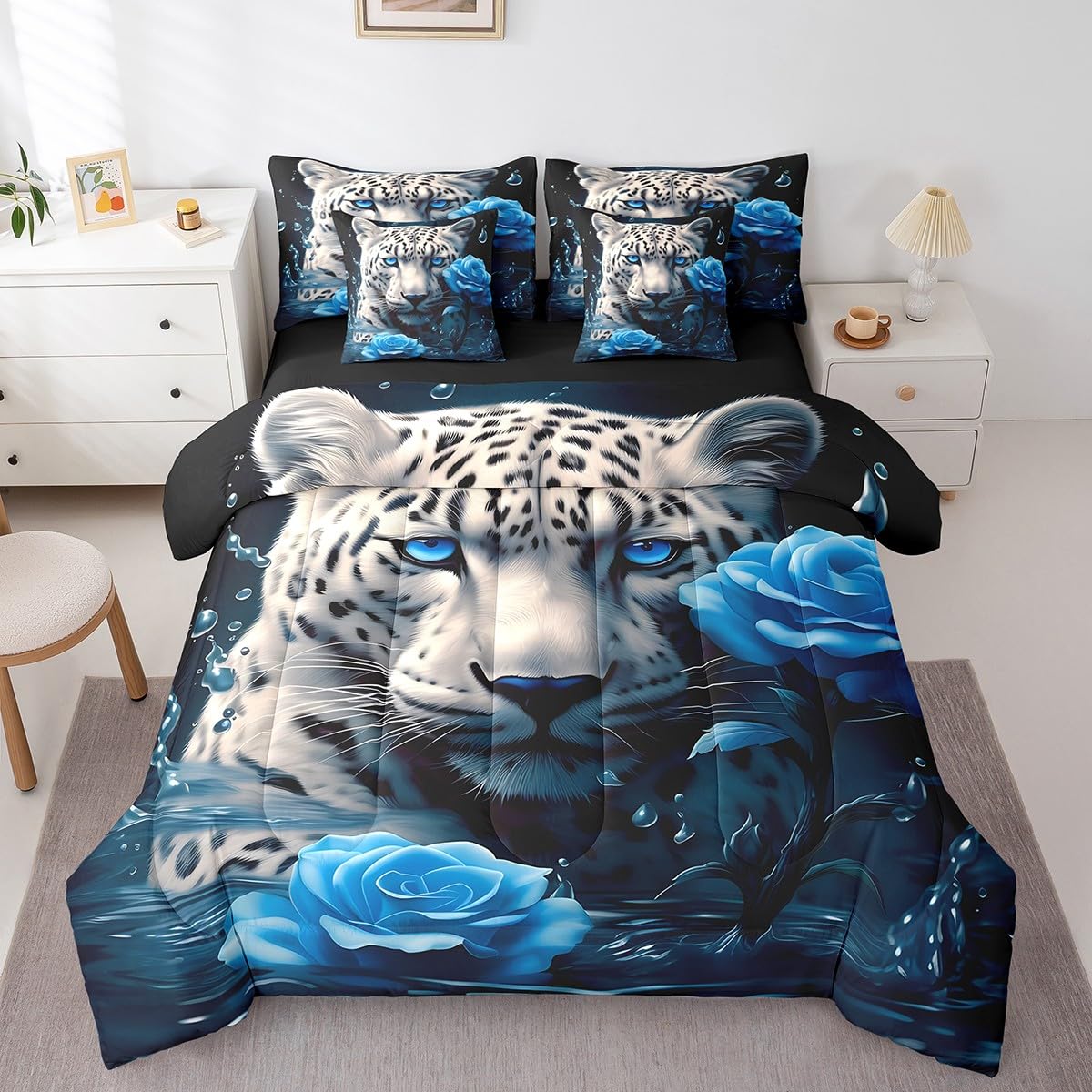 Feelyou Blue Rose 7 Piece Bedding Set for Adult Couple Full Size White Leopard Comforter Set with Sheets Boys Girls Romantic Bed in a Bag Floral Flower Bed Set