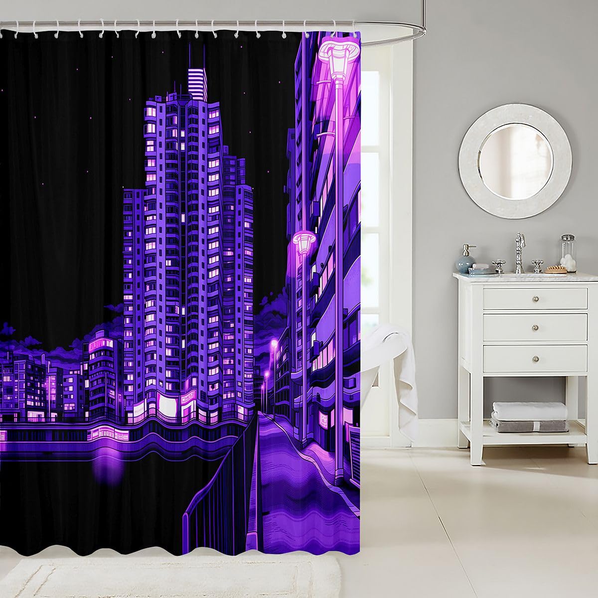 jejeloiu Tokyo Street Shower Curtain for Bathroom Decor Purple Japanese Night Bath Curtain for Stalls Bathtubs Japanese Style Bathroom Accessories Waterproof Polyester Fabric with 12 Hooks 72"x84"
