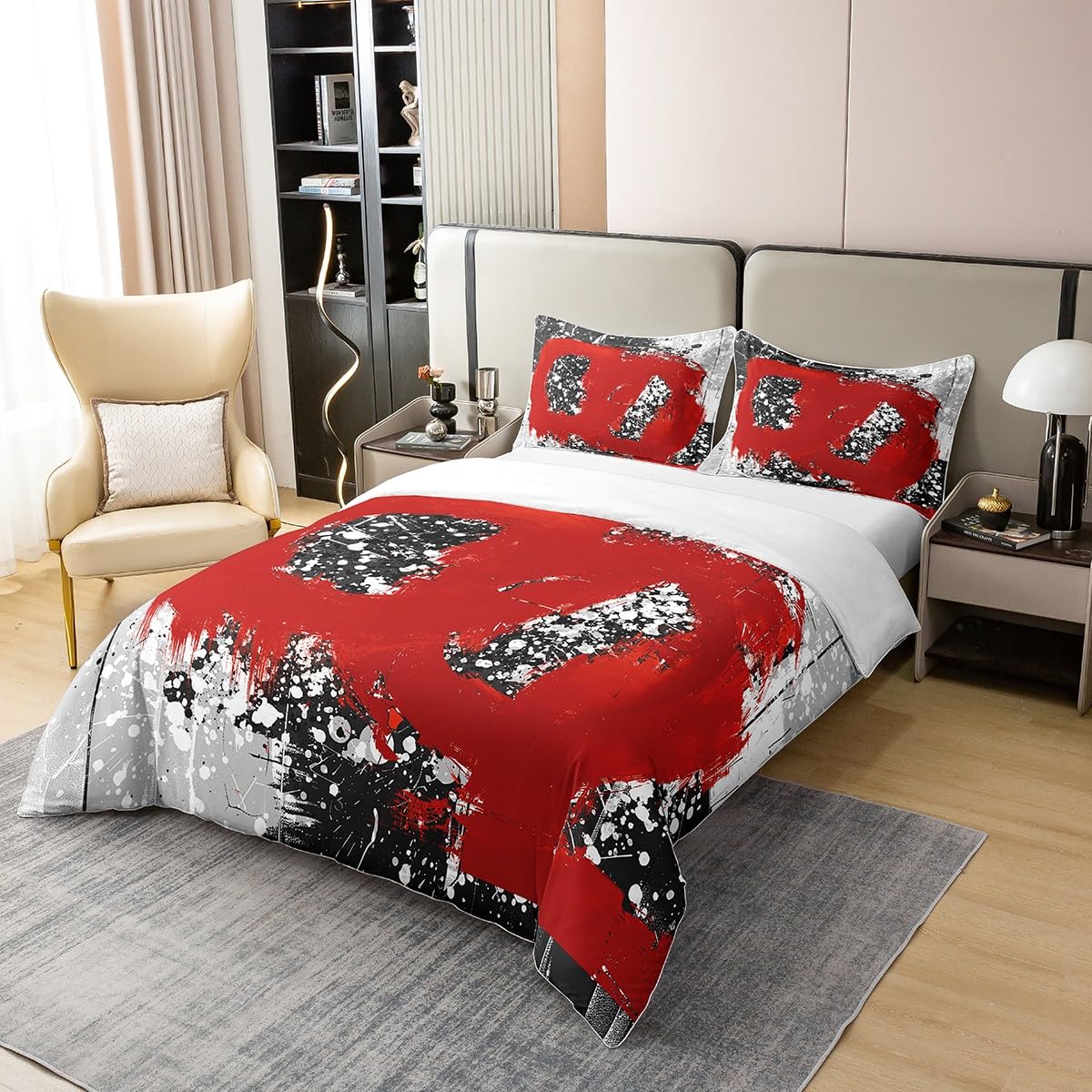 jejeloiu Poppy Red Duvet Cover 100% Cotton King Size Kids Abstract Geometric Comforter Cover for Boys Girls Teens Modern Art Bedding Set Breathable Soft Room Decor