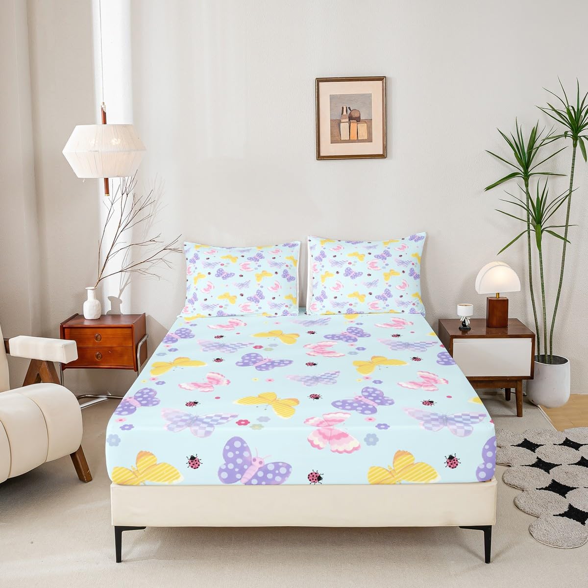 Feelyou Yellow Butterfly Fitted Sheet Twin Size for Kids Boys Girls Pink Butterflies Print Bed Sheets Set 16" Deep Pocket Cute Flowers Bedding with 1 Pillowcase Ladybug Room Decor
