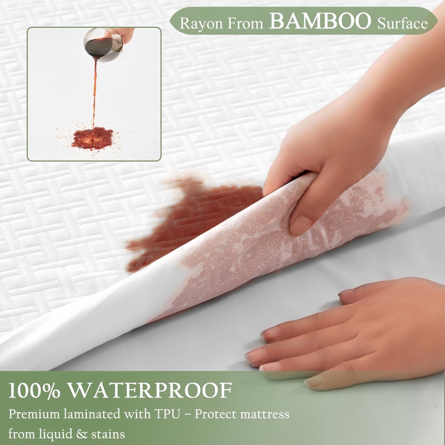 Queen Size Waterproof Mattress Protector, Cooling Viscose Derived from Bamboo Mattress Cover Stretchable Fitted 8"-21" Deep Pocket, Premium 3D Air Fabric Soft Breathable Noiseless Washable