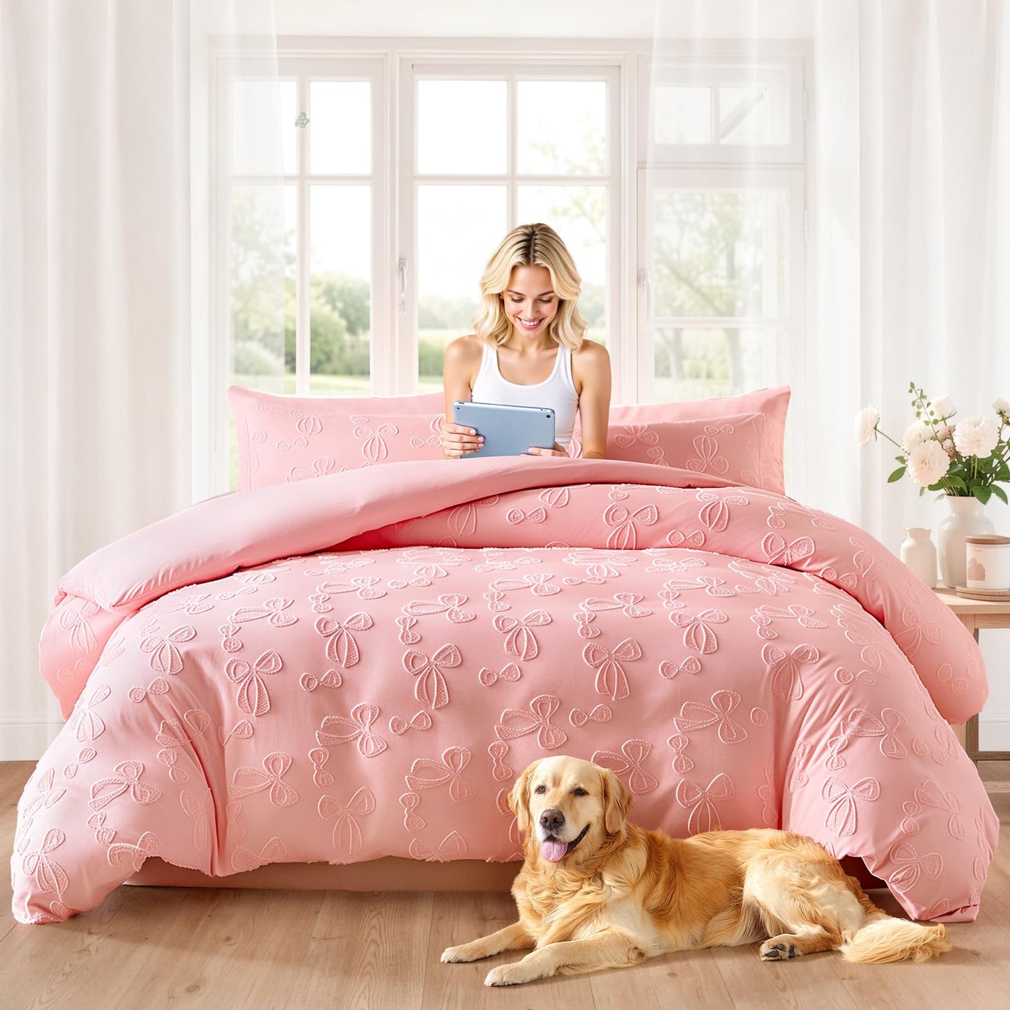 Jameswish 7 Pieces Bow Comforter Set for Girls Kids Pink Tufted Boho Bedding Set Queen Size Farmhouse Bed in A Bag as Gifts (1 Comforter, 1 Flat Sheet, 1 Fitted Sheet, 2 Pillowcase and 2 Pillow Sham)